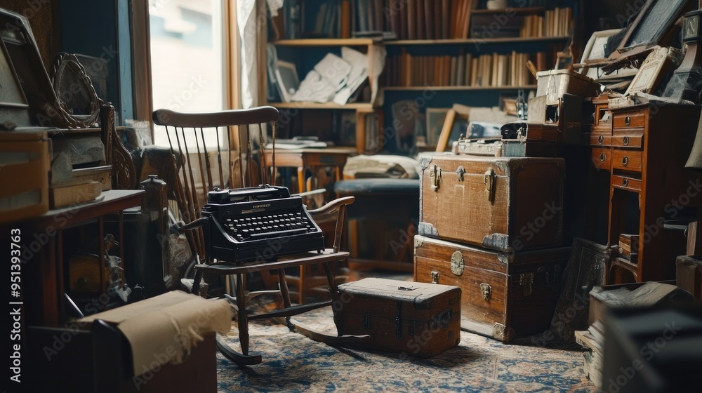 Fototapeta premium A dusty attic filled with antique items, including a vintage suitcase, a rocking chair, and a typewriter