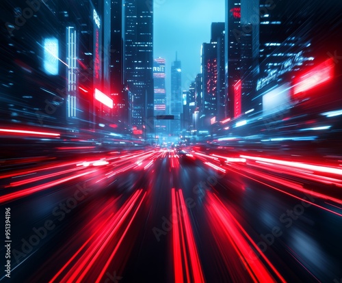 Dynamic and vibrant city night scene with motion blur, featuring bright red lights and tall skyscrapers.