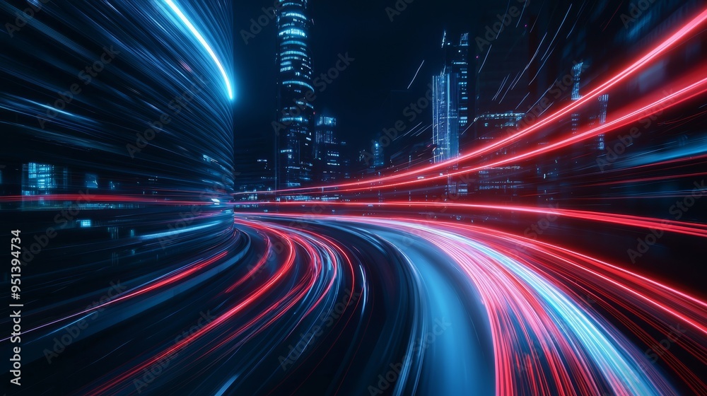 Dynamic long exposure of city lights at night, showcasing vivid red and blue streaks against a skyscraper backdrop. Dynamic long exposure of city lights at night, showcasing vivid red and blue streaks against a skyscraper backdrop.