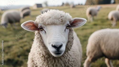 Fluffy sheep in a field closeup.