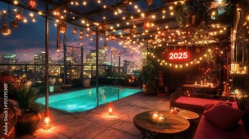 Rooftop Pool and Party Atmosphere with 2025 Signage