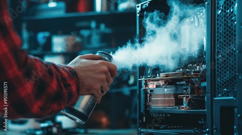 A person using a compressed air can to blow dust out of a computer's inner components photo