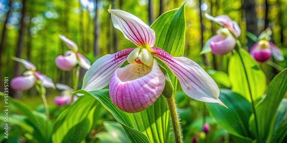 Obraz premium In sun-dappled forests, the showy lady slipper blooms, its delicate petals swaying gently, a cherished symbol of Minnesota's natural beauty.