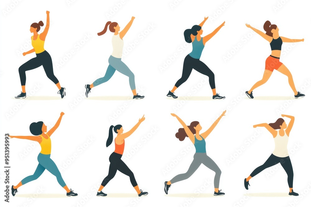 People performing various dance and exercise poses People performing various dance and exercise poses