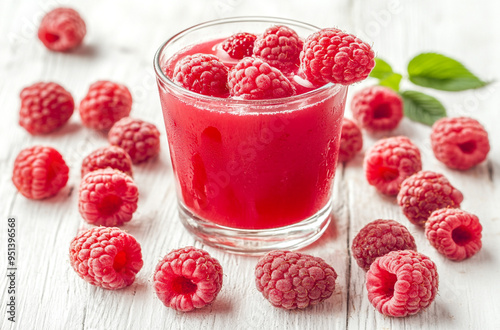 Raspberry juice in a glass with fresh raspberries on a white wooden table