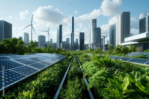 Modern eco-friendly cityscape with solar panels, greenery, and wind turbines under a bright blue sky, symbolizing urban sustainability.