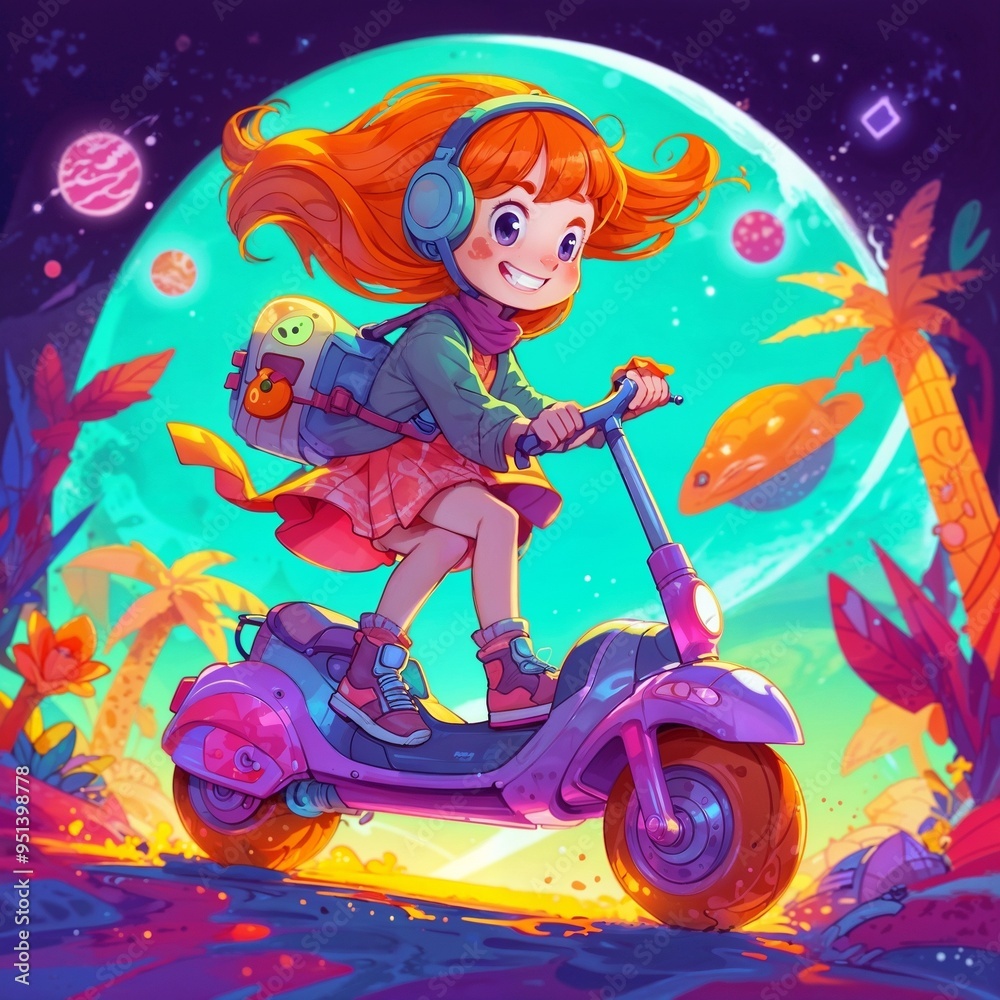 A girl character with orange-red hair rides a pink-purple scooter on a path that looks like it belongs in a colorful fantasy world. Surrounded by colorful trees and a sky in the background. A girl character with orange-red hair rides a pink-purple scooter on a path that looks like it belongs in a colorful fantasy world. Surrounded by colorful trees and a sky in the background.