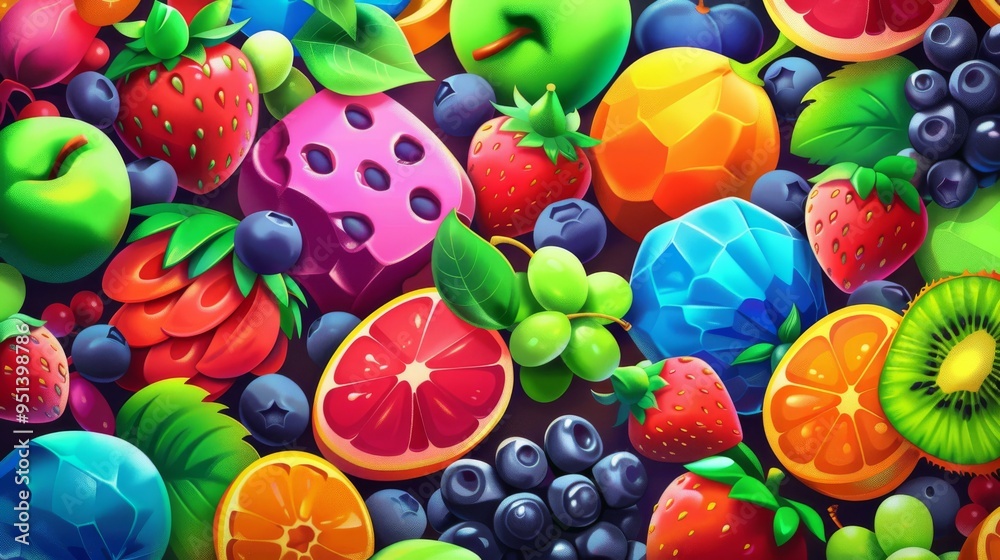 background for a game with a fruits slots theme, fruits on right side, cartoon style, colorful, 3d style, game style, playful, vibrant, detailed 
