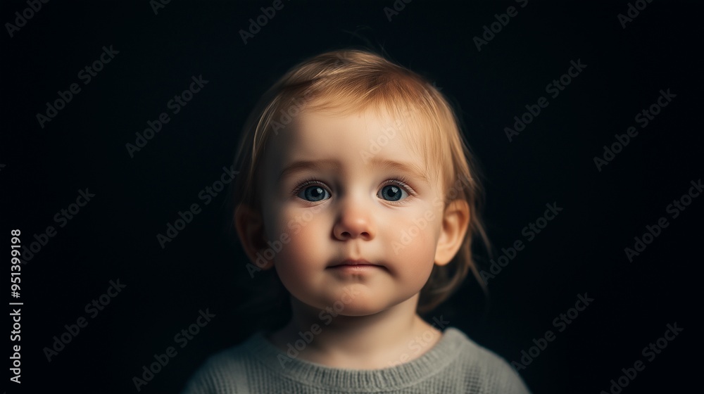 A portrait of an adorable toddler, lit by soft studio lighting against a deep black backdrop