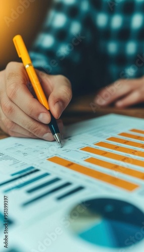 A hand holding a pen, analyzing charts and graphs on a document with financial data, showcasing business insights and strategy.