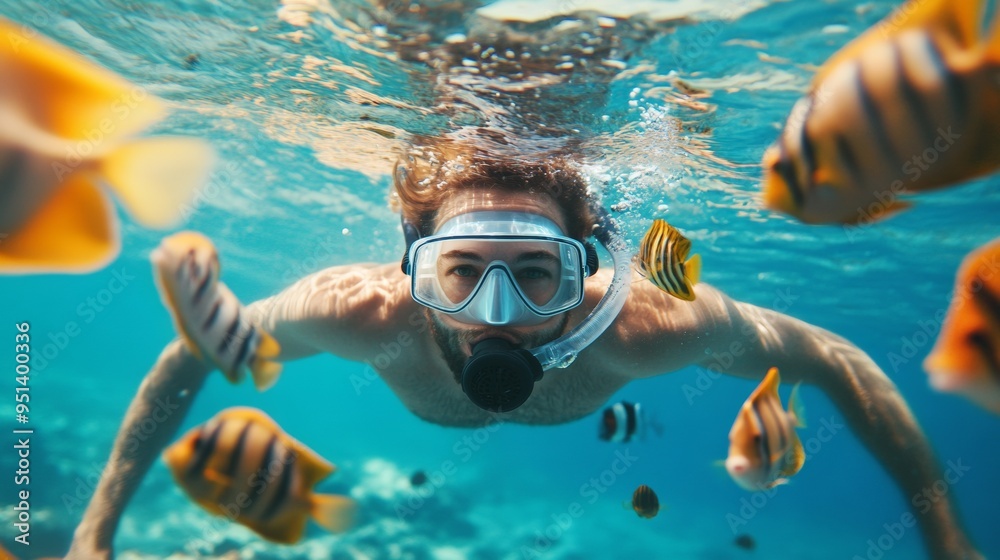 Naklejka premium Underwater Adventure. Snorkeler with Colorful Fish
