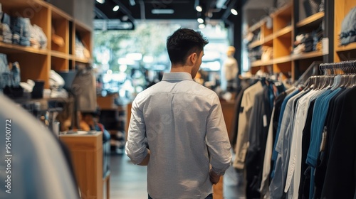 Man Browsing Clothing Racks in Clothing Store