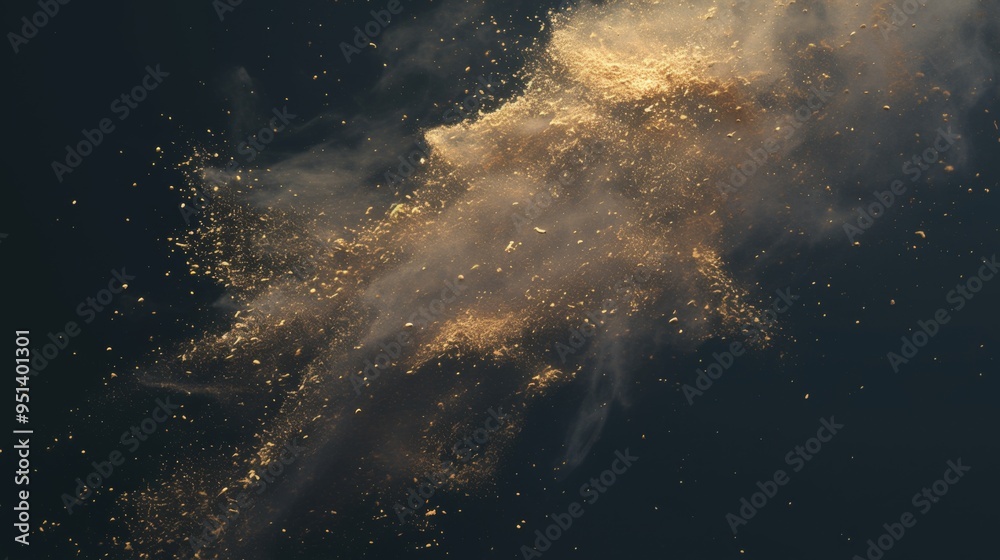 Sand particles explosion on a black background, dynamic and dramatic effect with a focus on texture and movement.