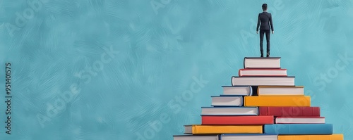 A figure ascending a staircase made of books, each step labeled with a different career milestone, representing the progression in a chosen career path