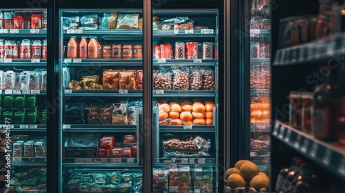 Supermarket refrigerator packed with chilled products, showcasing cold, fresh, and ready-to-buy items in an organized display