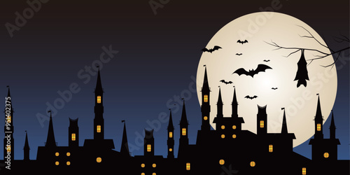 ハロウィン　満月　城　背景