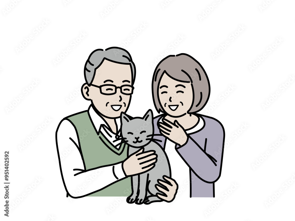 猫を飼う老夫婦のイラスト 猫を飼う老夫婦のイラスト