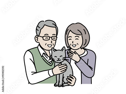 猫を飼う老夫婦のイラスト