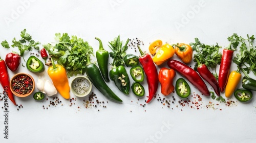 A vibrant display of various chili peppers, including jalap and serranos, along with an assortment of seasonings and herbs, arranged neatly on a white surface. photo