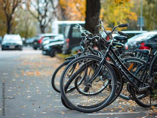 Bicycle parked on the street in the city. Bicycle parking in the city. photo