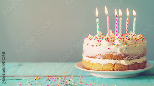 Birthday Cake with Candles. A beautifully decorated birthday cake with lit candles on pink pastel background with copy space, light pastel colors ai generative..