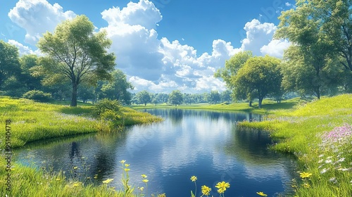 Riverbank with mirror-like reflections in calm water, picturesque and serene, peaceful natural scene photo