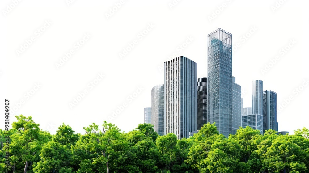 Fototapeta premium Modern skyscrapers behind lush trees