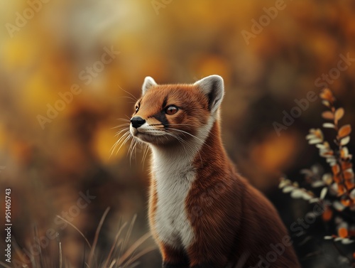 Stoat, Ermine, Short Tailed Weasel, Mustela erminea, Close Up in Temperate Forest Wildlife photo