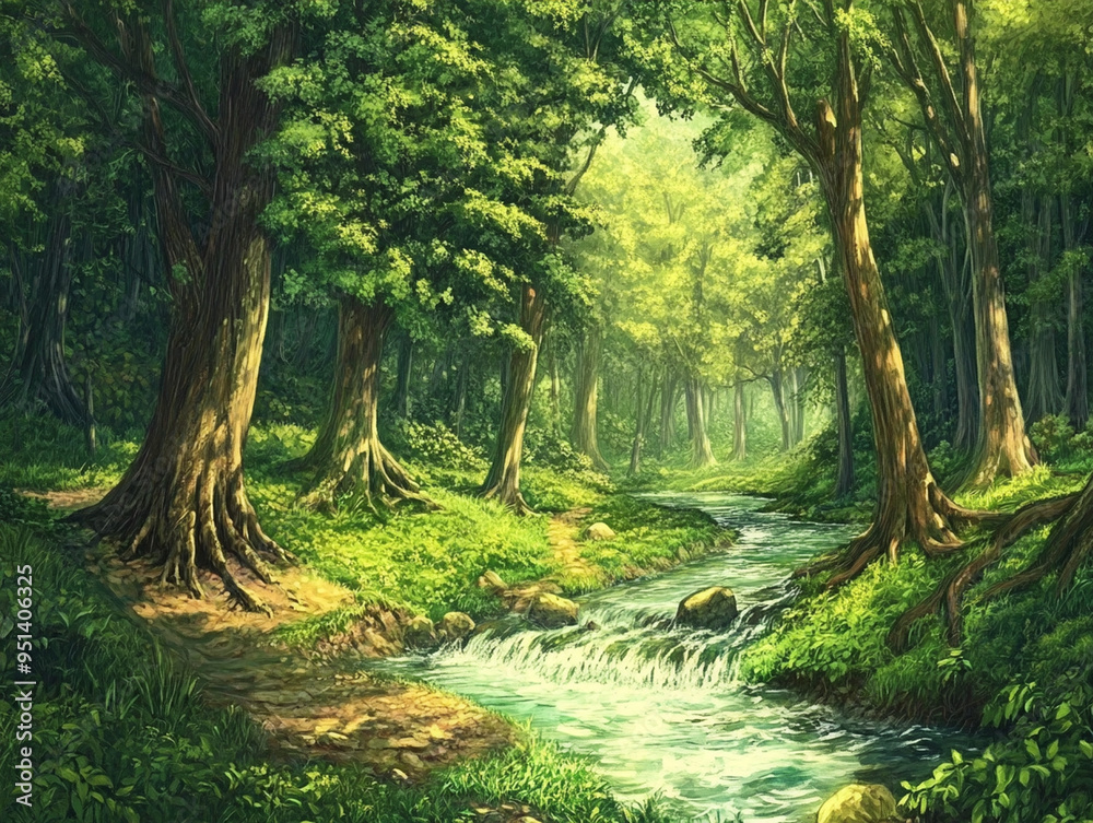 Fototapeta premium Lush green forest with a flowing river.