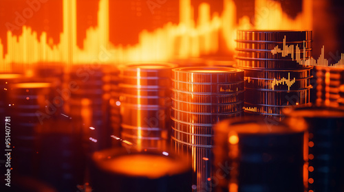 Stock image showing crude oil barrels on a financial chart with rising graph lines, symbolizing crude oil trading and market trends. photo