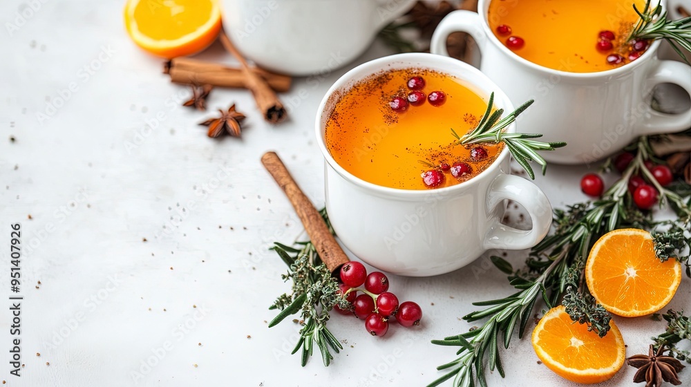 Cups of sea buckthorn tea with orange, berries, cinnamon and rosemary on white table. Healthy herbal autumn drink. Cups of sea buckthorn tea with orange, berries, cinnamon and rosemary on white table. Healthy herbal autumn drink.