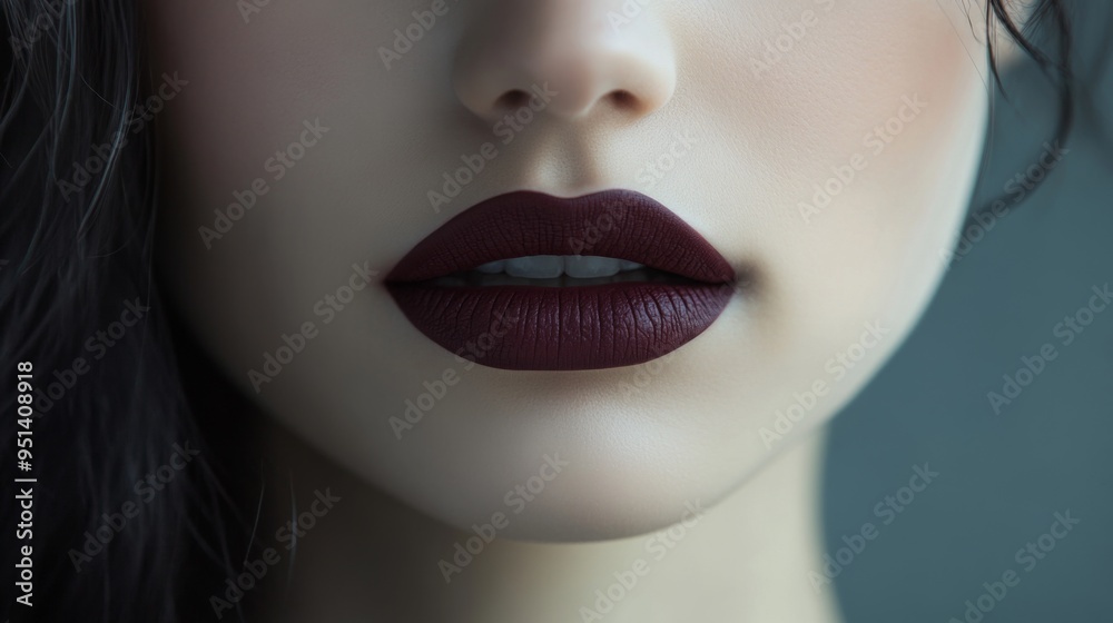A woman lips with a dramatic, dark lipstick shade, paired with a matching makeup look, set against a sleek, modern background to emphasize the boldness. A woman lips with a dramatic, dark lipstick shade, paired with a matching makeup look, set against a sleek, modern background to emphasize the boldness.