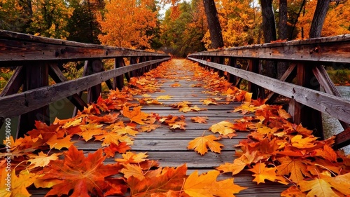 Wallpaper Mural A scenic wooden bridge surrounded by vibrant autumn leaves, creating a picturesque fall walkway in a serene forest setting. Torontodigital.ca
