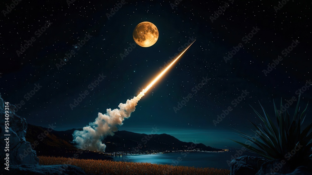 Naklejka premium A stunning nightscape featuring a rocket launch under a full moon, illuminating the ocean view and starry sky.