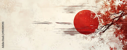 A striking abstract representation of the Japanese flag, featuring a bold red sun centered on a textured white background photo