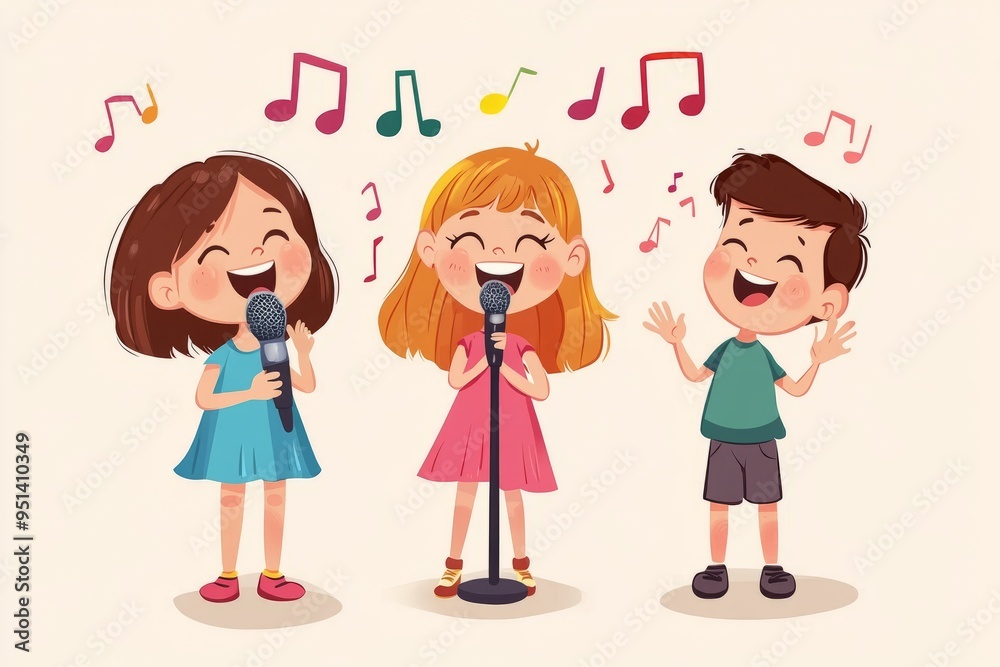 illustration of kids singing together , choir, sing in unison, sing as one, karaoke , music performance illustration of kids singing together , choir, sing in unison, sing as one, karaoke , music performance
