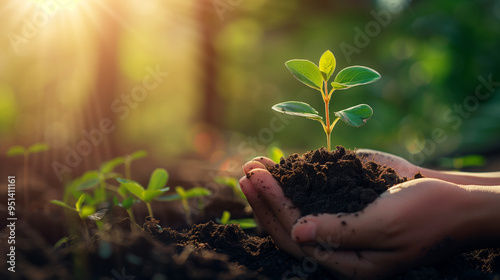 Wallpaper Mural A person is holding a small plant in their hand. The plant is surrounded by dirt and he is a seedling. Concept of growth and nurturing, as the person is taking care of the plant Torontodigital.ca