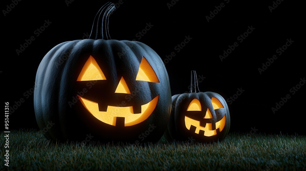 Obraz premium Two glowing Halloween pumpkins with carved faces, standing on grass against a dark background, creating a festive spooky atmosphere.