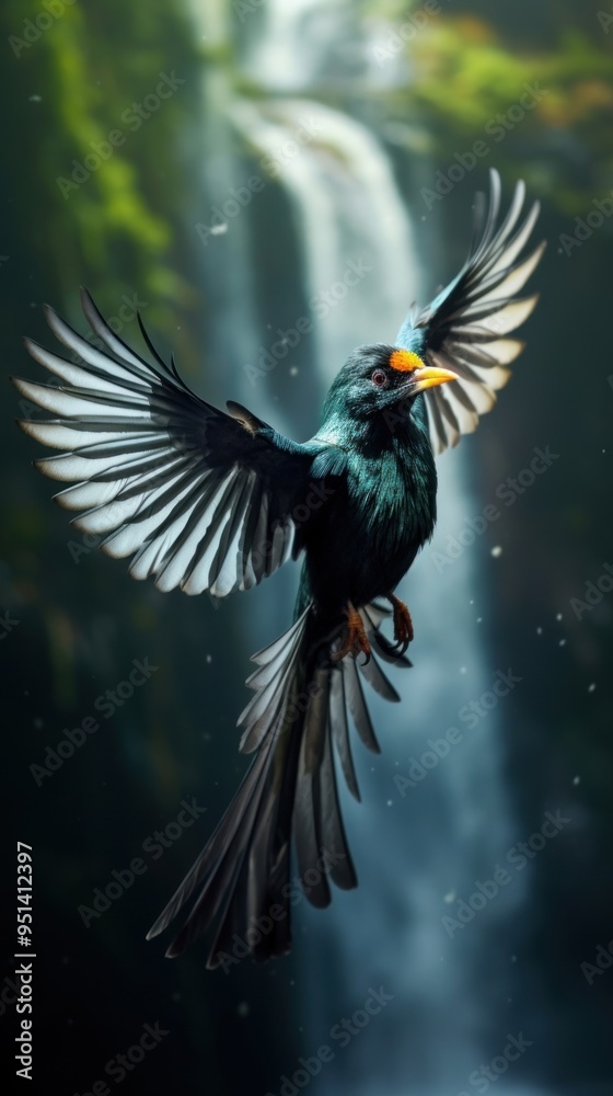 Obraz premium Beautiful flying bird with a long wavy tail animal nature beak.