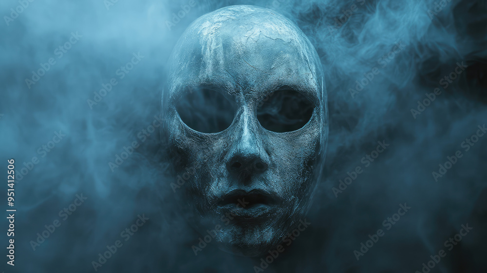 A haunting mask with a cracked, weathered surface and lifeless eyes, set in a dark, eerie environment. A haunting mask with a cracked, weathered surface and lifeless eyes, set in a dark, eerie environment.