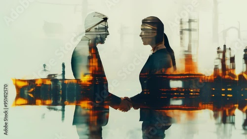 Collaboration between industry leaders at an energy sector conference in the city at dusk