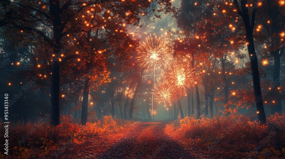 Enchanting Autumn Fireworks Celebration in the Forest Enchanting Autumn Fireworks Celebration in the Forest