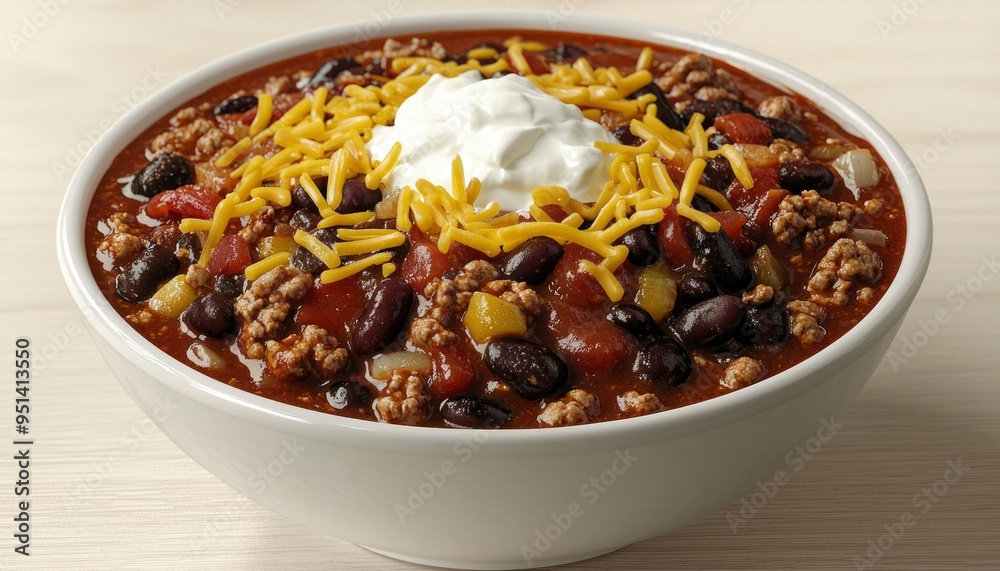 Bowl of Chili Topped with Sour Cream and Shredded Cheese