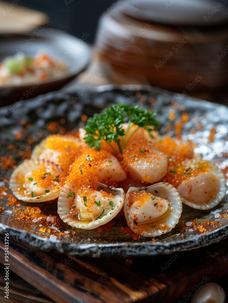 Gourmet Akagai sashimi with ark shell clam on a rustic ceramic plate Gourmet Akagai sashimi with ark shell clam on a rustic ceramic plate
