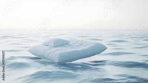 Ethereal Floating Bed Adrift in Serene Ocean Waves with Hazy Glow photo