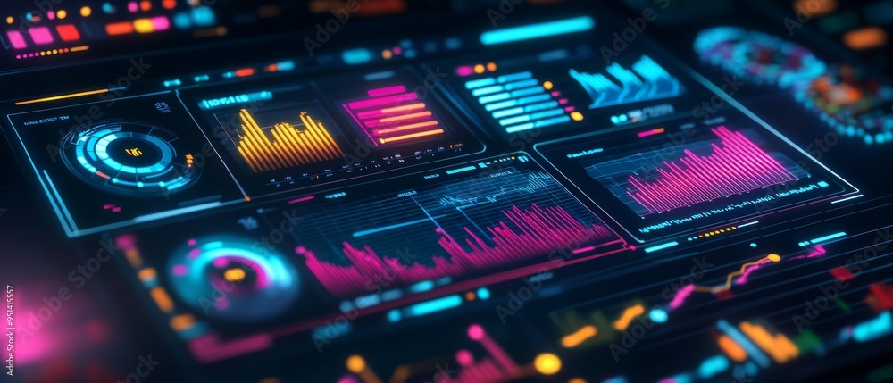 Obraz premium Vibrant and dynamic data visualization dashboard with colorful graphs and charts ideal for analytics in modern technology.