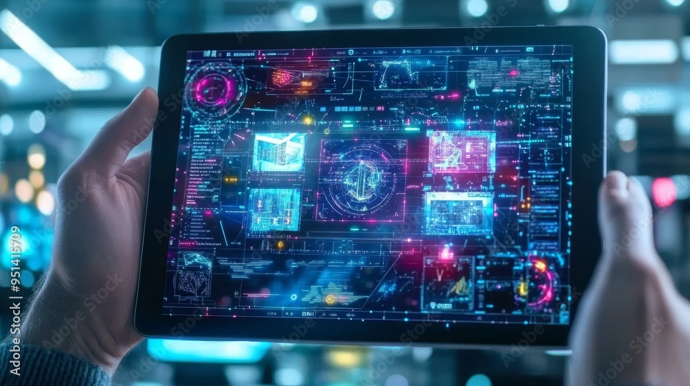 Close-up of a hand holding a tablet displaying a futuristic digital interface with bright visuals and data analytics. Close-up of a hand holding a tablet displaying a futuristic digital interface with bright visuals and data analytics.