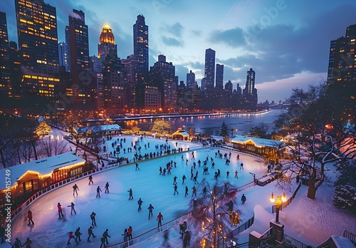 a city skyline with ice skating rink. 