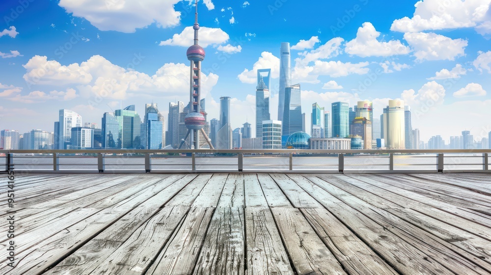 Shanghai city skyline with modern skyscrapers and wooden boardwalk in the foreground. Shanghai city skyline with modern skyscrapers and wooden boardwalk in the foreground.
