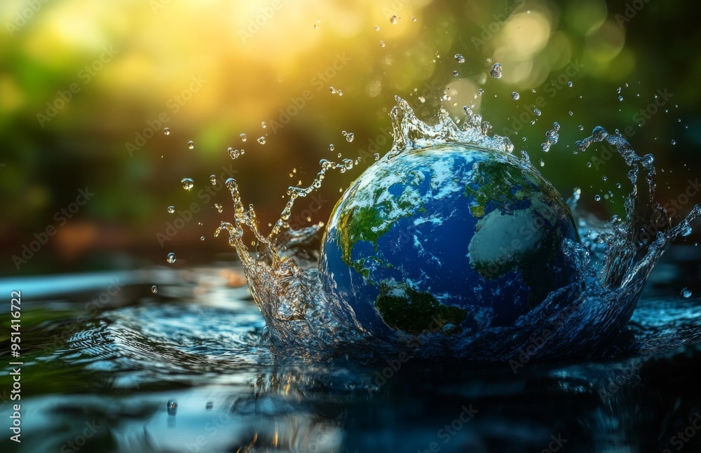 The Earth as a water and green forest planet concept for World Environment Day, featuring a splash effect on a blurred background with copy space. The Earth as a water and green forest planet concept for World Environment Day, featuring a splash effect on a blurred background with copy space.